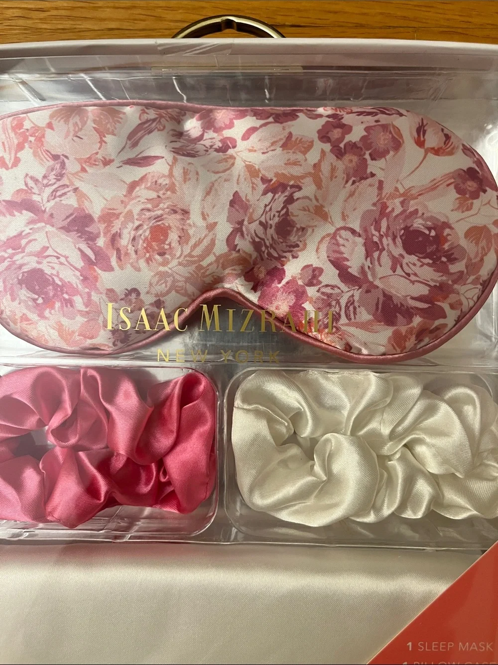 NWT Isaac Mizrahi Pink Floral Satin Sleep Mask with Pink & Cream Scrunchies